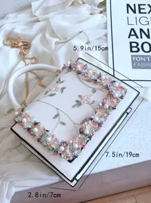 1pc White Lace Design Casual Cute Floral Mini Square Handbag, Chic Small Crossbody Shoulder Bag With Chain Strap, Suitable For Women Daily Use And Cell Phone - White - View 2