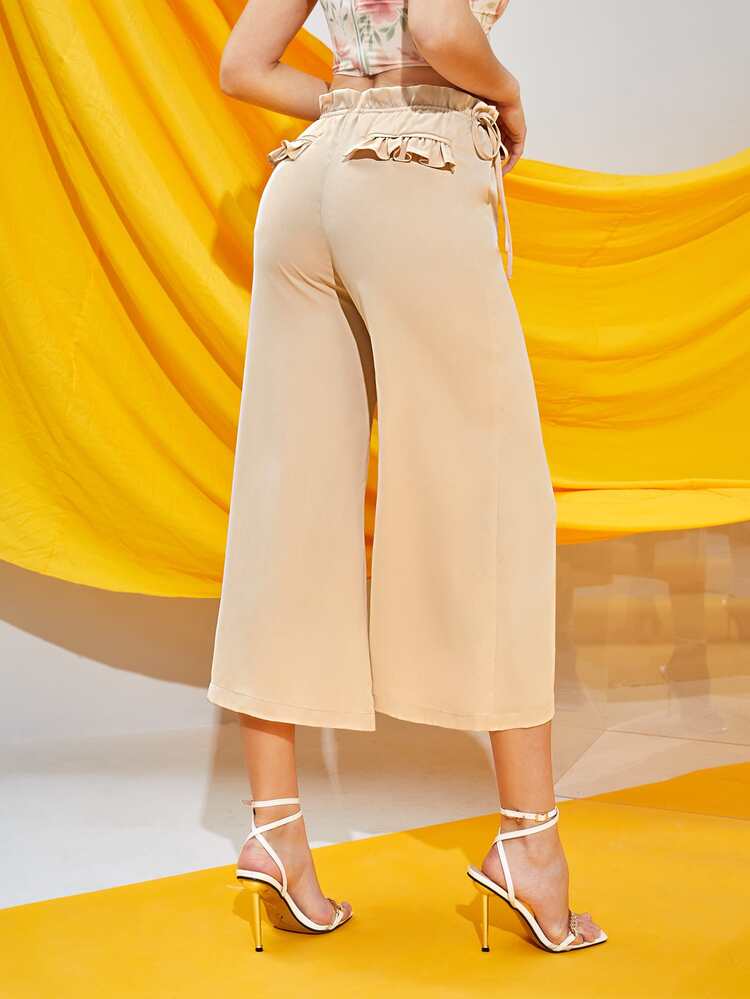 Michelle Wong Pantalones con nudo lateral de cintura con volante bajo con abertura de pierna ancha corto - Albaricoque - Añade 2