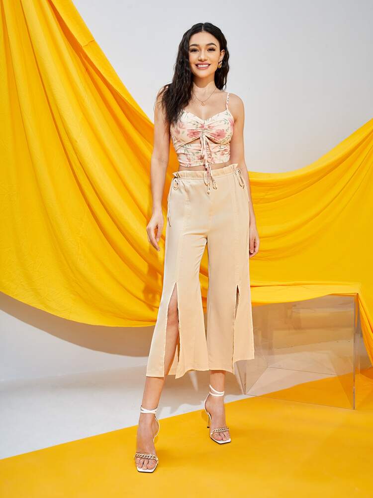 Michelle Wong Pantalones con nudo lateral de cintura con volante bajo con abertura de pierna ancha corto - Albaricoque - Añade 3