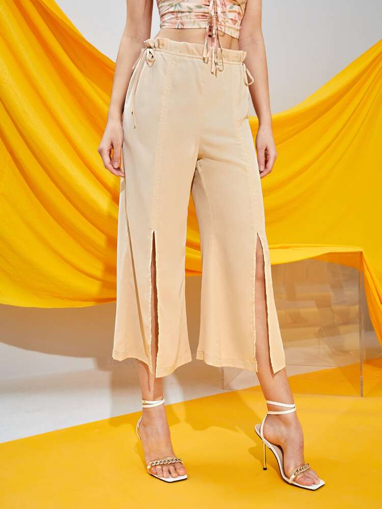Michelle Wong Pantalones con nudo lateral de cintura con volante bajo con abertura de pierna ancha corto - Albaricoque - Añade 4