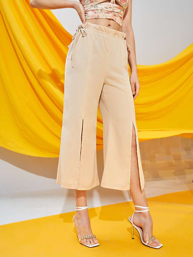 Michelle Wong Pantalones con nudo lateral de cintura con volante bajo con abertura de pierna ancha corto - Albaricoque - Añade 5
