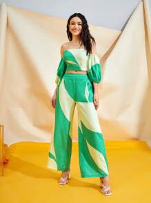 Ishaarah Tie Backless Bardot Top & Wide Leg Pants Set - Green - View 1