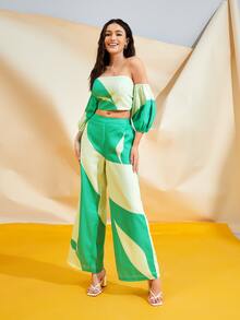 Ishaarah Tie Backless Bardot Top & Wide Leg Pants Set - Green - View 3