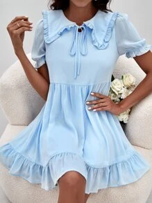 SHEIN Peter-pan Collar Ruffle Trim Smock Dress - Baby Blue - View 2