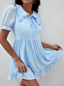 SHEIN Peter-pan Collar Ruffle Trim Smock Dress - Baby Blue - View 3