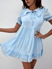SHEIN Peter-pan Collar Ruffle Trim Smock Dress - Baby Blue - View 4