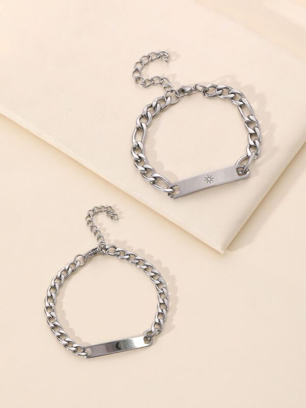 2pcs Stainless Steel Sun And Moon Detail Couples Bracelets