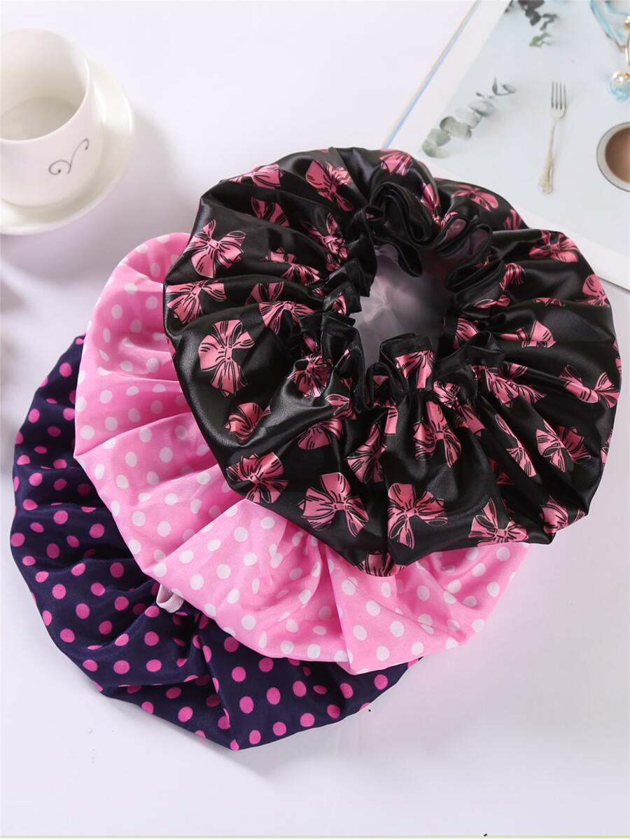 3pcs/Set Waterproof Double Layer Polka Dot Butterfly Shower Cap, Fashion Printed Bathing Cap