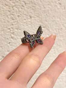 Rhinestone & Butterfly Decor Cuff Ring - Gun Black - View 5