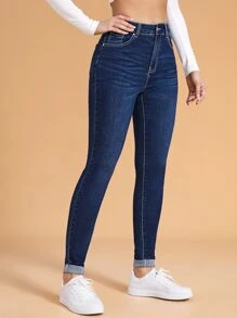 SHEIN Essnce Cat Whisker Washed Rolled Hem Skinny Jeans - Dark Wash - View 3