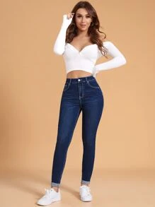 SHEIN Essnce Cat Whisker Washed Rolled Hem Skinny Jeans - Dark Wash - View 4