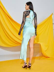 Kat Designer Contrast Lace Asymmetrical Hem Dress - Mint Green - View 2