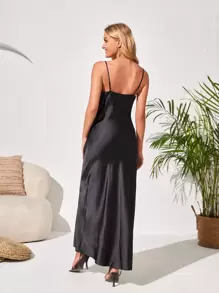 Firerie Vestido de tirantes unicolor escote drapeado de satén ropa de trabajo - Negro - Ver 2