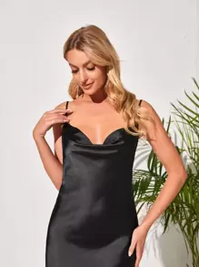 Firerie Vestido de tirantes unicolor escote drapeado de satén ropa de trabajo - Negro - Ver 4