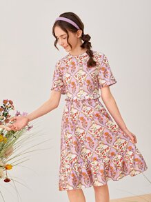 SHEIN Teen Girls Floral Print Frill Trim Top & Ruffle Hem Skirt - Multicolor - View 1