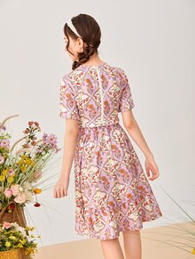 SHEIN Teen Girls Floral Print Frill Trim Top & Ruffle Hem Skirt - Multicolor - View 2