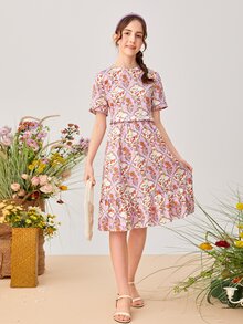 SHEIN Teen Girls Floral Print Frill Trim Top & Ruffle Hem Skirt - Multicolor - View 4