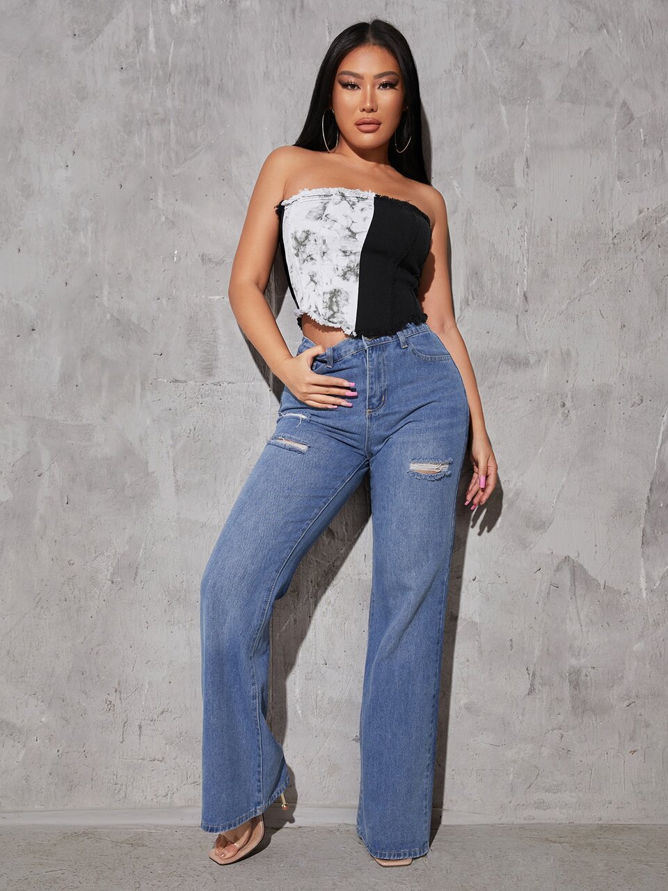 Colorblock & Tie Dye Raw Trim Zip Back Denim Top