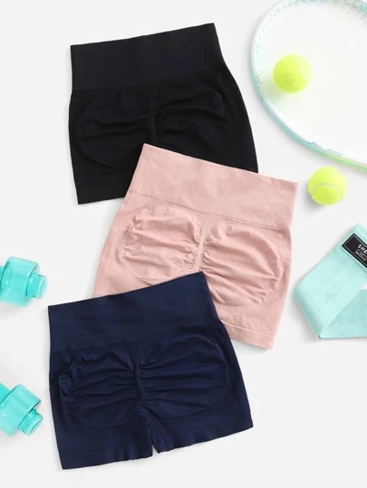 Easithlete 3pcs Softness Breathable Ruched Sports Shorts Stretchy ShortsWomen Sweat Short, Gym Short, Biker Short