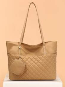 衍縫單肩托特包帶零錢包 - 卡其色 - 查看 1