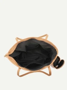 衍縫單肩托特包帶零錢包 - 卡其色 - 查看 3