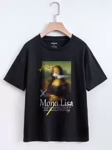 INAWLY Figure And Slogan Graphic Tee ART Mona Lisa It Is The Representative Work Of Da Vinci But Also Recognized As A Classic Masterpiece In The World Graphic Tees Women Tops - Black - View 1