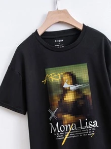INAWLY Figure And Slogan Graphic Tee ART Mona Lisa It Is The Representative Work Of Da Vinci But Also Recognized As A Classic Masterpiece In The World Graphic Tees Women Tops - Black - View 3