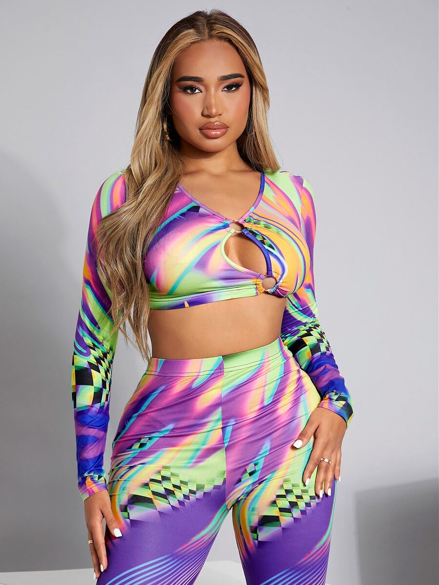 SHEIN SXY 混合印花金屬圓環前挖空短款上衣 - 彩色 - 查看 1