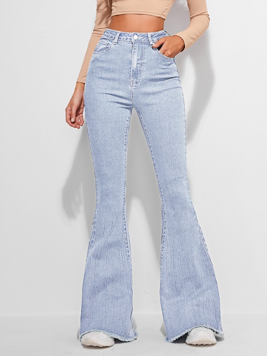 SHEIN Frenchy High Waist Contrast Stitch Flare Leg Jeans - Light Wash - View 1