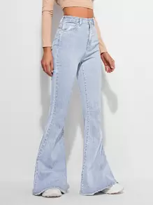 SHEIN Frenchy High Waist Contrast Stitch Flare Leg Jeans - Light Wash - View 3