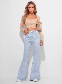 SHEIN Frenchy High Waist Contrast Stitch Flare Leg Jeans - Light Wash - View 4