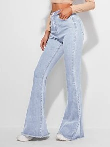 SHEIN Frenchy High Waist Contrast Stitch Flare Leg Jeans - Light Wash - View 5