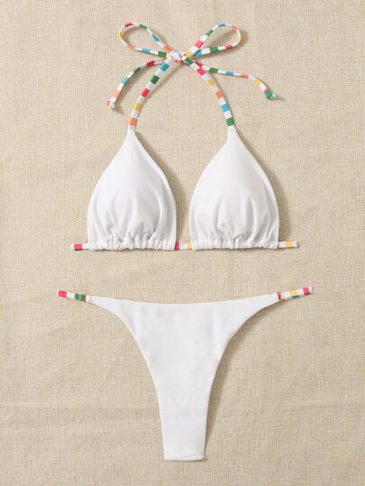 Summer Beach Striped Strap Halter Triangle Bikini