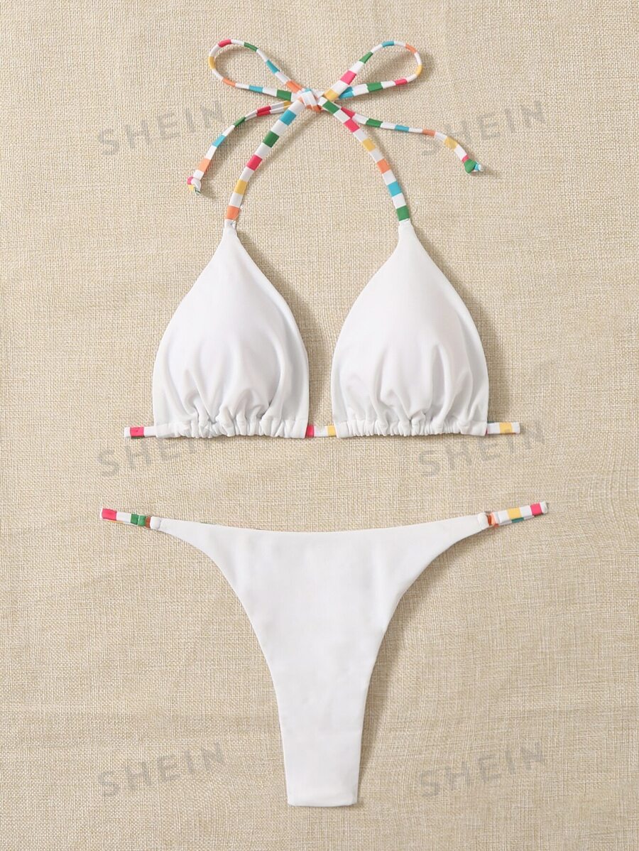 Swim Mod Bikini de triángulo con tirantes halter y rayas para la playa en verano