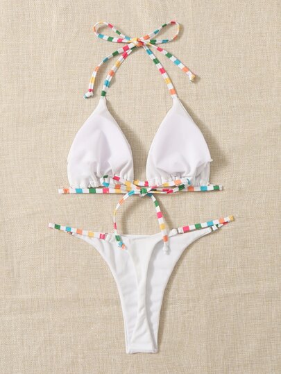 Summer Beach Striped Strap Halter Triangle Bikini