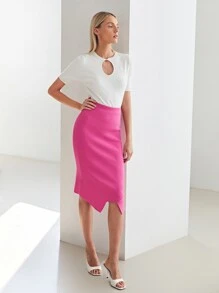 MOTF PREMIUM VISCOSE ASYMMETRICAL KNIT SKIRT - Pink - View 6