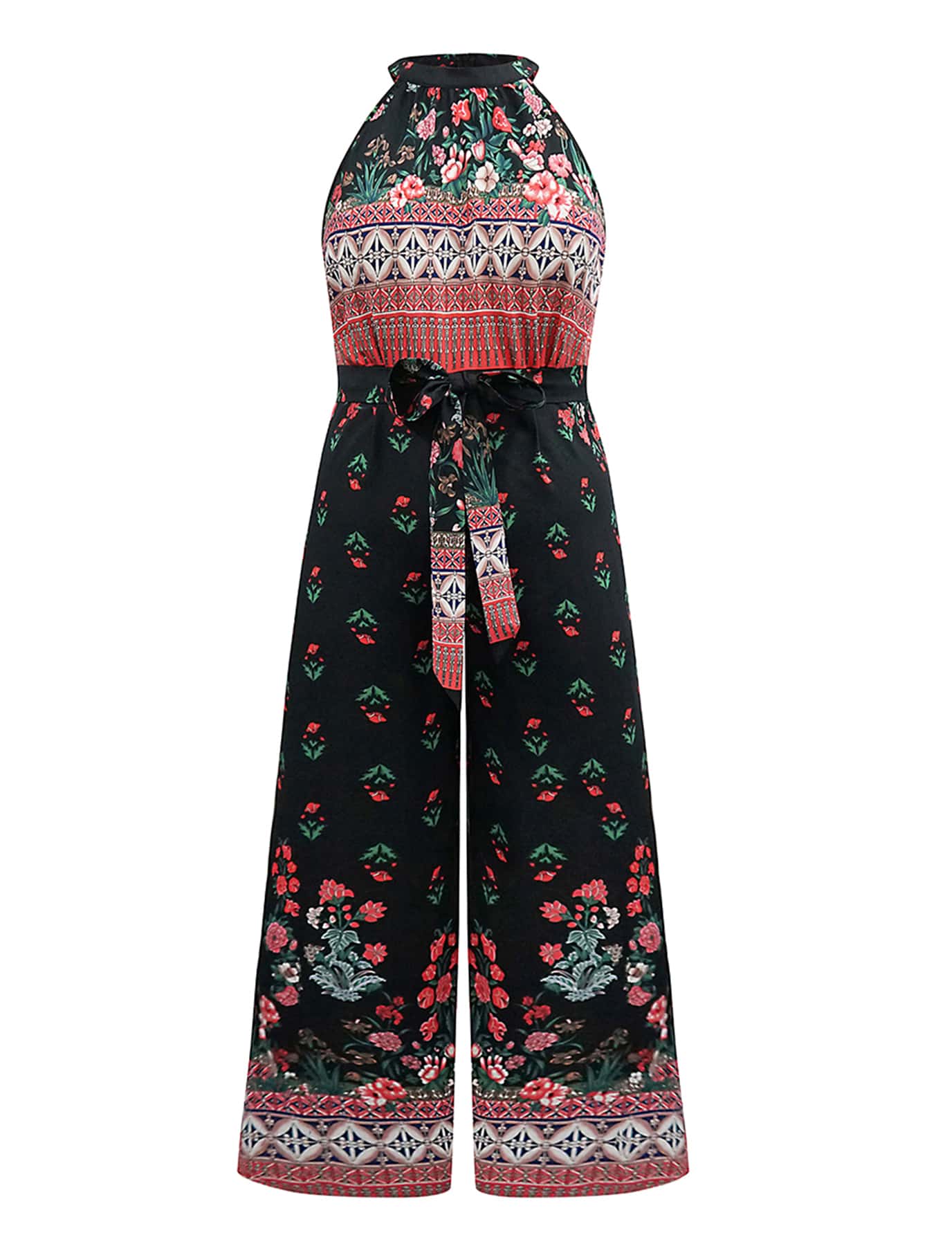 Plus Floral And Geo Print Wide Leg Belted Halter Jumpsuit - Multicolor - View 1