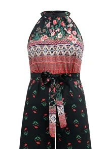 Plus Floral And Geo Print Wide Leg Belted Halter Jumpsuit - Multicolor - View 3