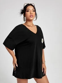 Flirla 加大花卉印花长款T恤 女式图案T恤 上衣 - 黑色 - 查看 5