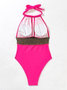 Stitch Detail One Piece Swimsuit - Hot Pink - View 4