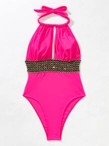 Stitch Detail One Piece Swimsuit - Hot Pink - View 6