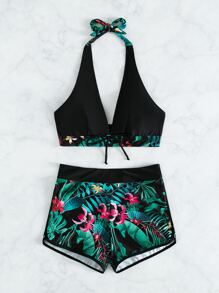 SHEIN Swim Summer Beach Tropical Print Bikini Set Halter Bra & Boxer Shorts 2 Pieces Bikini - Black - View 6