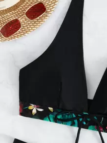 SHEIN Swim Summer Beach Tropical Print Bikini Set Halter Bra & Boxer Shorts 2 Pieces Bikini - Black - View 5