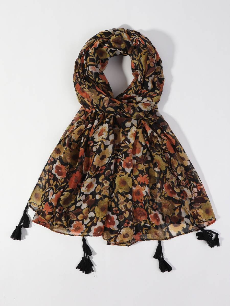 EMERY ROSE 花朵印花流蘇裝飾圍巾 - 彩色 - 查看 1