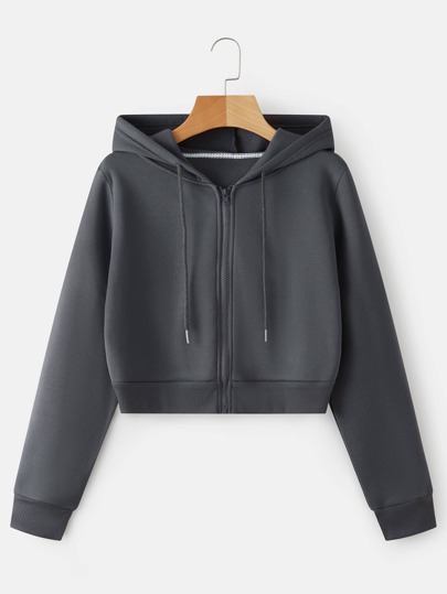 INAWLY Sólido Zip Up Cordão Crop Térmico Hoodie, Manga Longa Tops