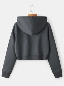 INAWLY Solid Zip Up Drawstring Crop Thermal Hoodie,Long Sleeve Tops Graduation,Back To School Outfits,Graduation,Teacher Outfits For Women,Back To School Pullover Fall Outfit - Dark Grey - View 2