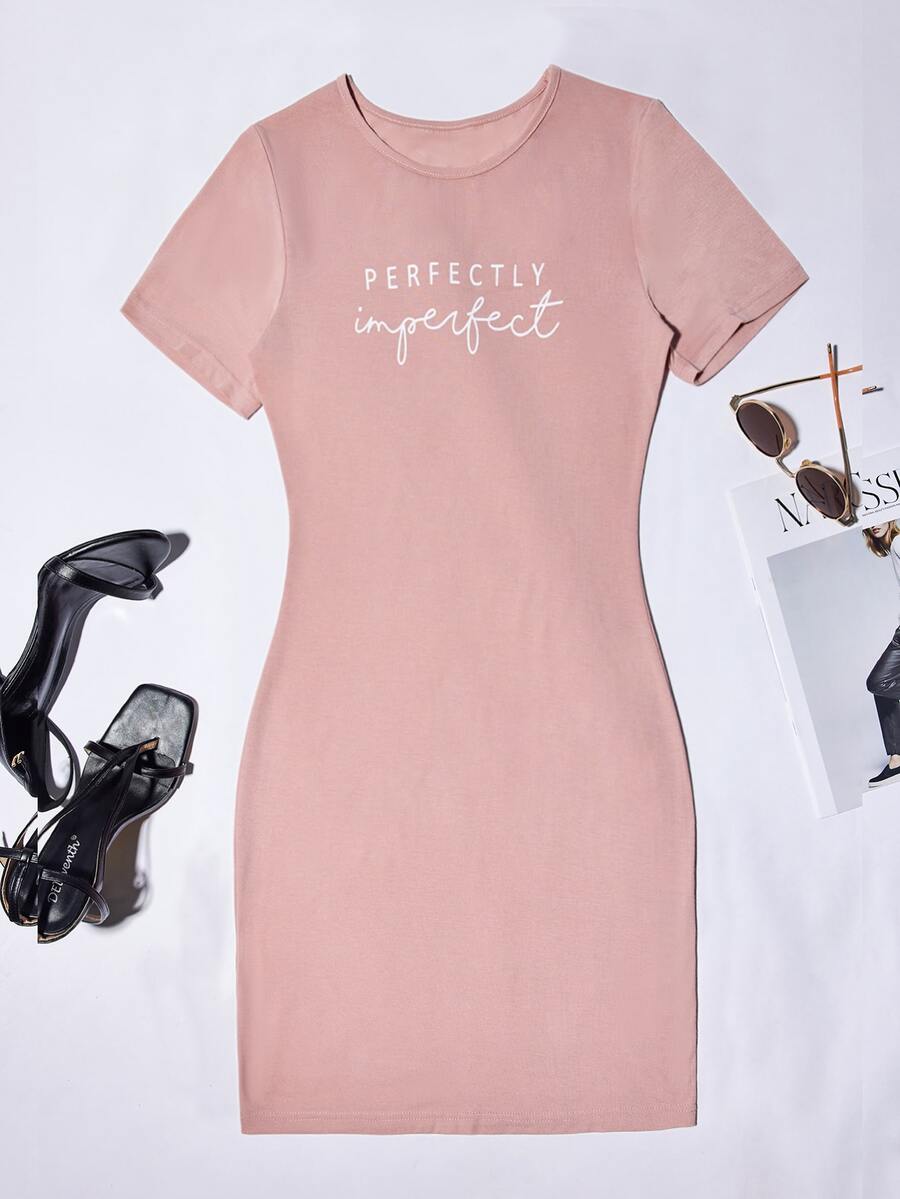SHEIN Unity Letter Graphic Bodycon Dress - Pink - View 1