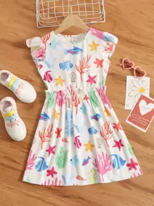 SHEIN Tween Girl A-Line Cartoon Graphic Frill Dress - Multicolor - View 1