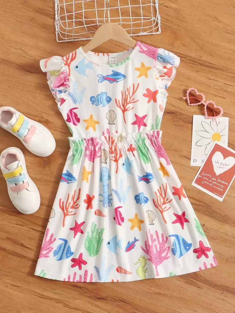 SHEIN Tween Girl A-Line Cartoon Graphic Frill Dress - Multicolor - View 1