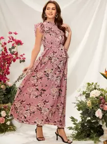 SHEIN Maternity Allover Floral Print Ruffle Armhole Belted Dress - Multicolor - View 5